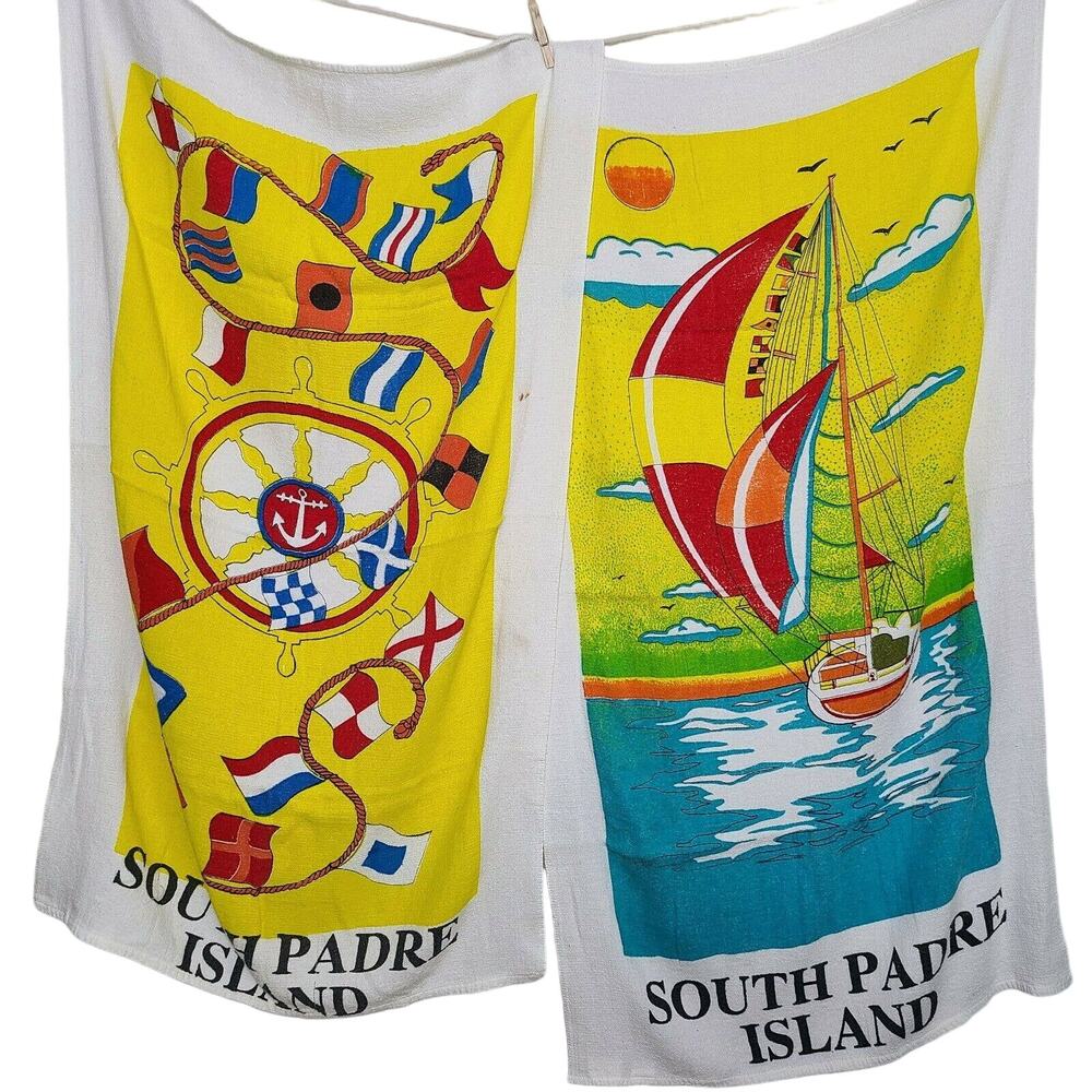 Vintage South Padre Island Beach Towels Lot Sailing Nautical Colorful Cotton
